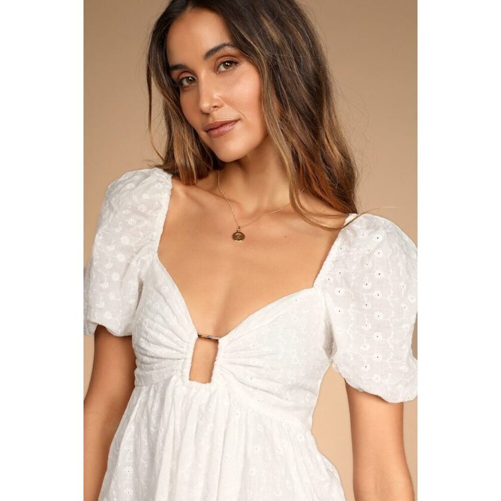 Lulus Sunny Day Stunner White Eyelet Embroidered Babydoll Dress - Size S